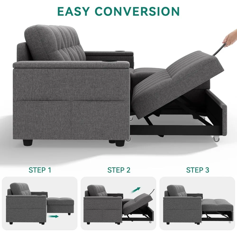 Sofa Tidur, Tempat Tidur Sofa Berbentuk L dengan Kursi Penyimpanan & USB, Tempat Tidur Sofa Reversibel dengan Tempat Tidur Tarik, Sofa Konvertibel Kain 4 Dudukan