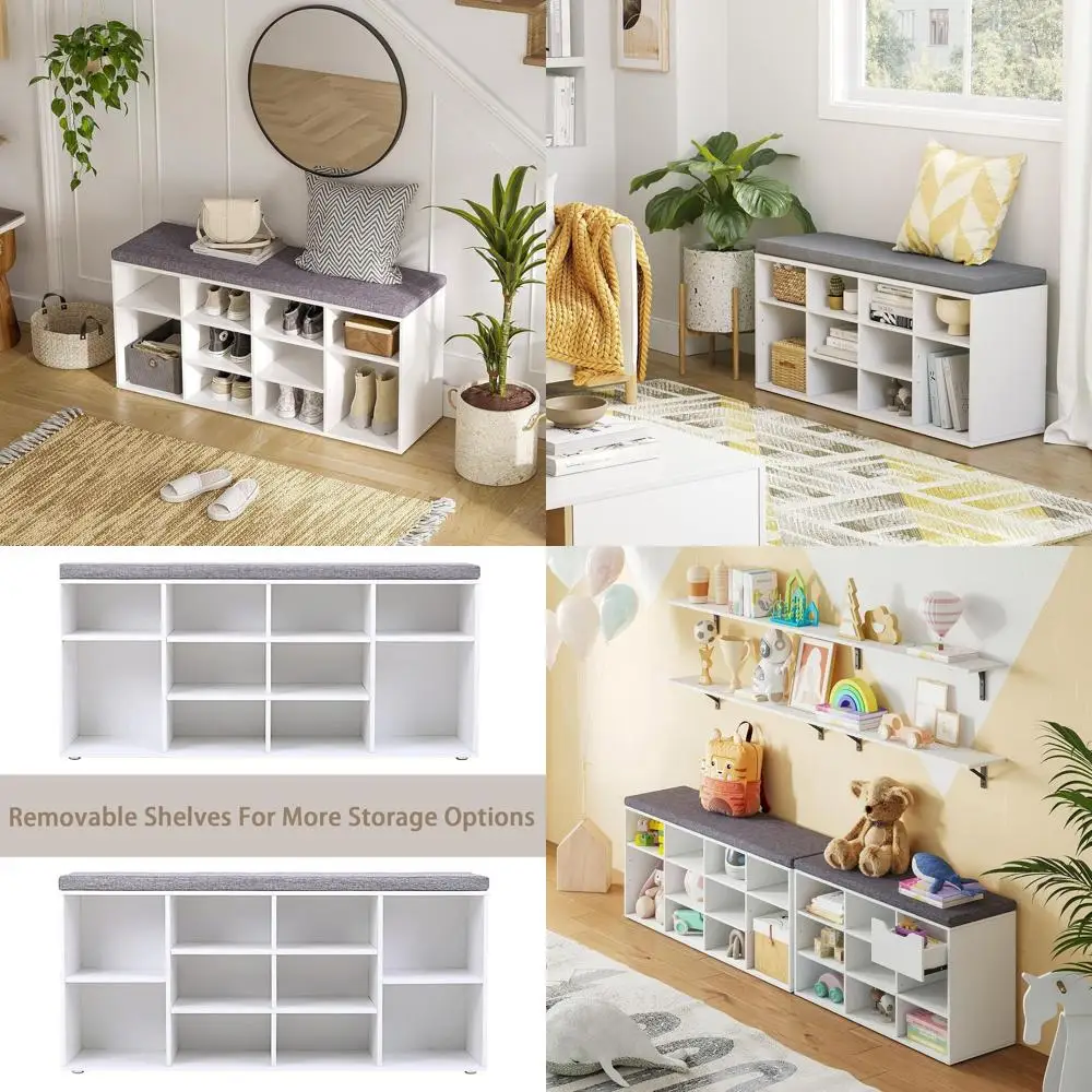 

Многофункциональная скамья для хранения обуви с подушкой и 12 стеллажами для прихожей, прихожей, гардероба и гаража, белая