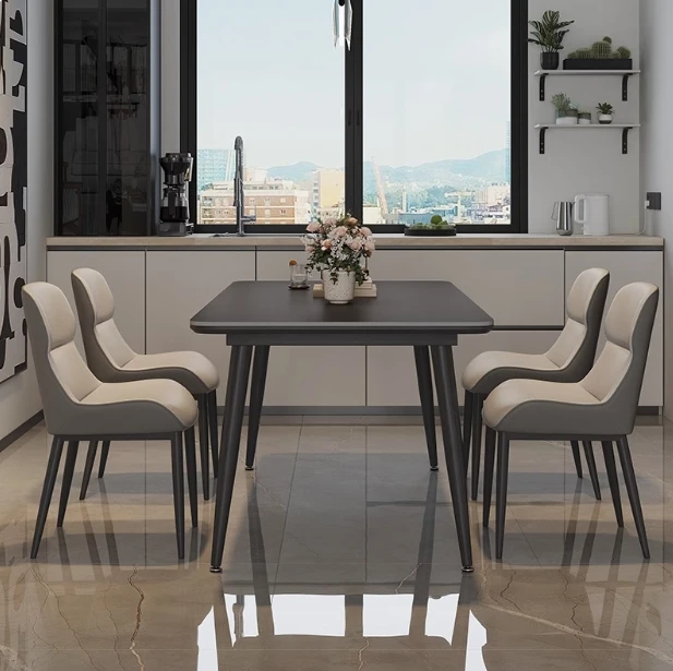 Full towing rock slab dining table Household small apartment dining room Modern simple rectangular dining table Black rock