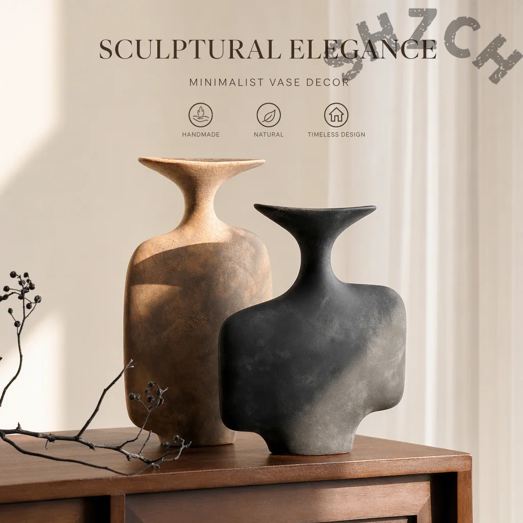 Wabi Sabi Ceramic Vase – Handcrafted Minimalist Flower Vessel for Living Room, Bedroom & Hotel Decor