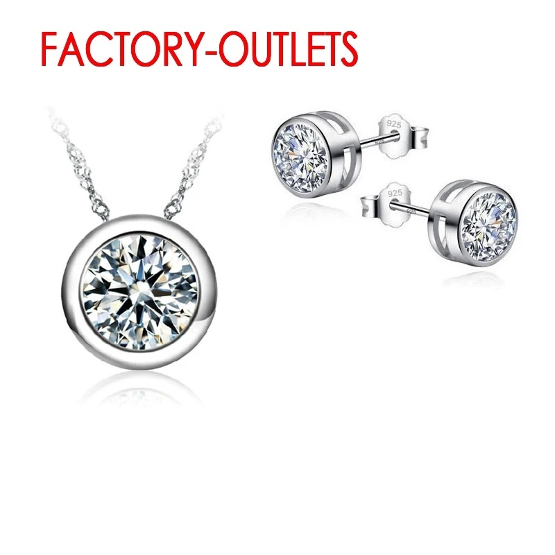 Real 925 Sterling Silver Bridal Jewelry Sets Necklaces Stud Earrings Round Crystal Women Girls Engagement Anniversary Wholesale