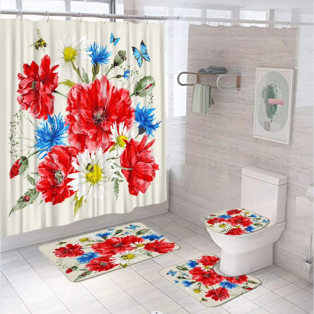 

Watercolor Floral Bathroom Set with Shower Curtain Rug Bath Mat Toilet Lid Cover Butterflies Bees Flowers Daisies Bath Curtains