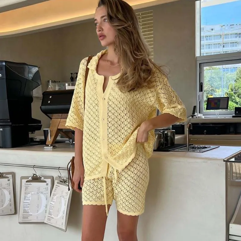 

Tuularose Summer Knit Shorts Set New Knit Cardigan Top Casual Shorts Set Beach Vacation Bikini Cover Up Women Shorts Set Outfits