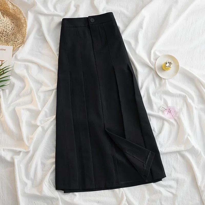 New 2025 Korean Long Pleated Skirt Women Spring Autumn Fashion Gray/Black Skirts for Woman