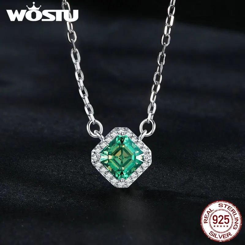 WOSTU Moissanite Pendant Necklace Square Cut Natural Green Color 0.6CT 925 Steling Silver Engagement Necklaces Woman Girl Gift