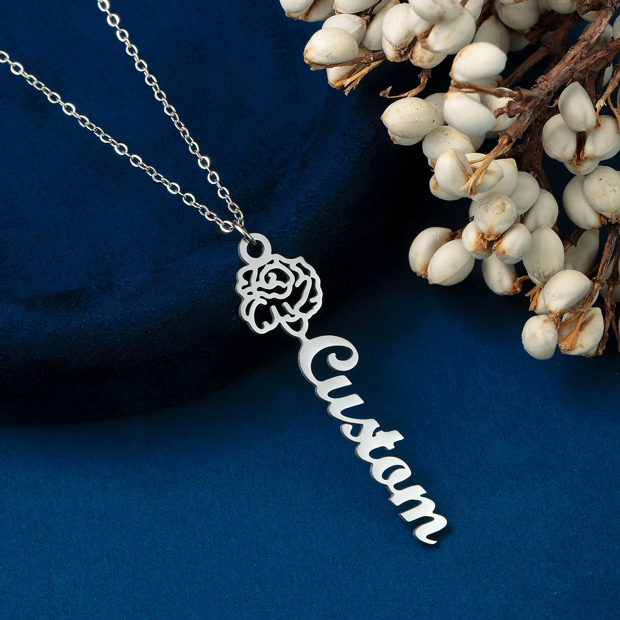 QIAMNI Custom Flower Name Necklace Stainless Steel Pendant Personalized Birth Month Nameplate Choker Lover Jewelry Mother Gift