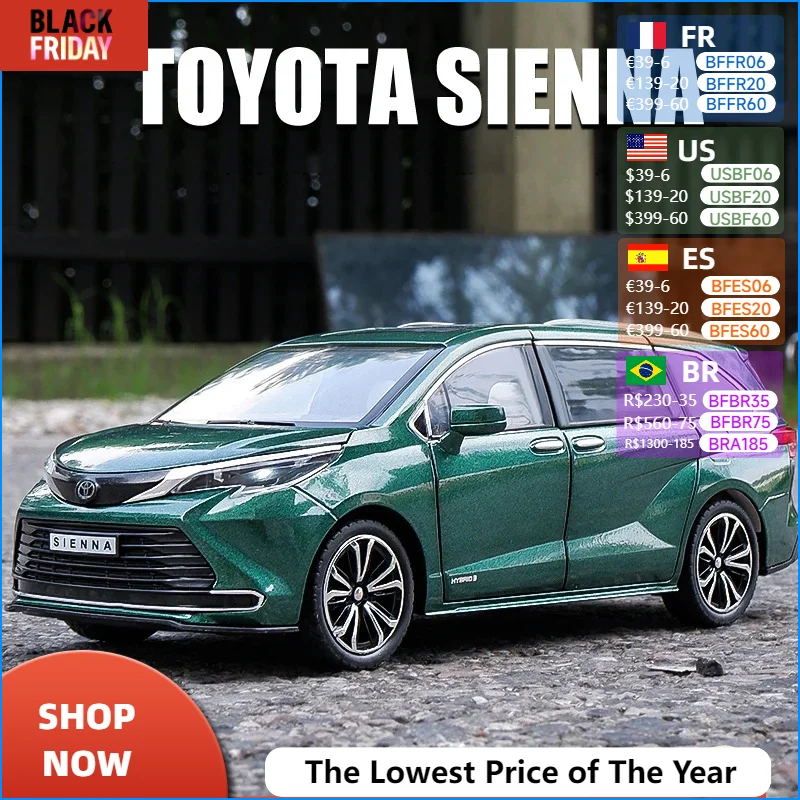 1:24 Toyota Sienna MPV Alloy Car Model Diecasts Metal Toy Commercial Car Model Sound Light Simulation Collection Childrens Gifts