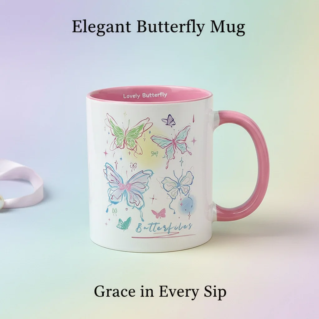 Lovely Butterfly Ceramic Mug – Pink Interior Coffee Cup, Cute Gift for Her, Ideal for Birthday, Anniversary, or Daily Use