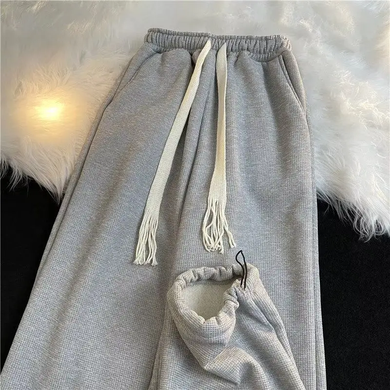 GIDYQ Winter Lamb Wool Casual Pants Men Women Casual Loose Drawstring Thick Sweatpants Bf Unisex Warm Straight Wide Leg Trousers