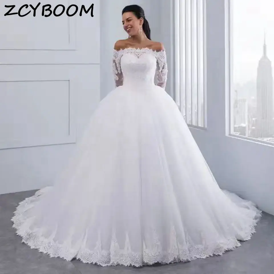 Grace Sequin Lace Appliques Off The Shoulder Wedding Dress 2025 Sweep Train Beading Tulle Bridal Gown For Europe African Women