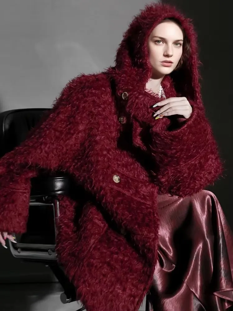 Luxury Women Mid-Length Loose Double-side Wool Coats Double Breasted Wool Cashmere Coat Winter Warm Office Lady Hooded Outerwear