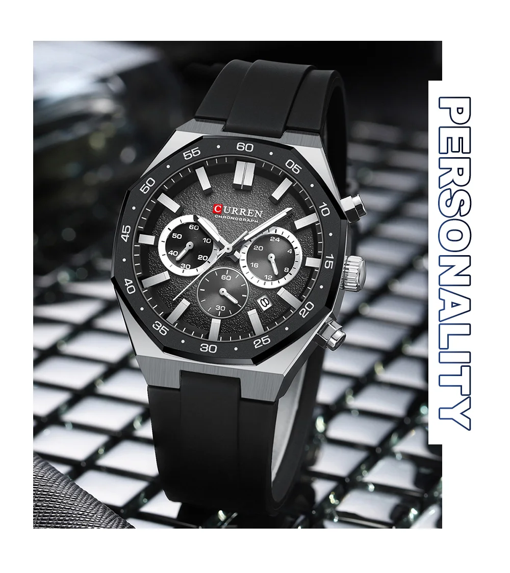 CURREN Herren Sport-Chronograph-Uhr mit Silikonarmband, Multifunktionszifferblatt mit Datum, Leuchtzeigern, Casual Quarz-Armbanduhr – Detail 10