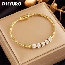 DIEYURO 316L Stainless Steel Gold Color Rhinestone Beaded Bracelet For Women Fashion Ladies Magnet Clasp Bangles Jewelry Gifts