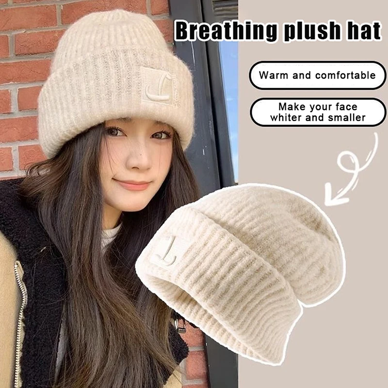 Outdoor Beanies For Women Warm Ear Protection Pullover Solid Color Woolen Crochet Bonnet Anti-cold Winter Knitted Hat 1PC
