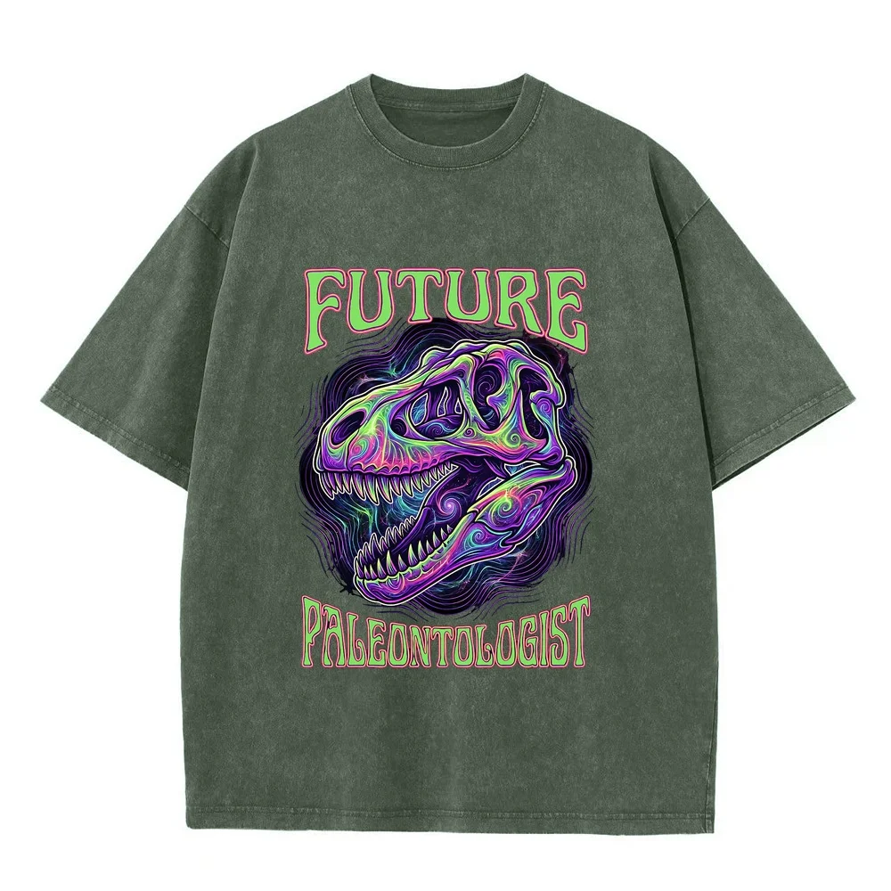 Man Tees Psychedelic Dinosaur Skull Paleontology Top Graphic Printing Adult Men Heavyweight T-Shirt Clothes Cotton Short Sleeve