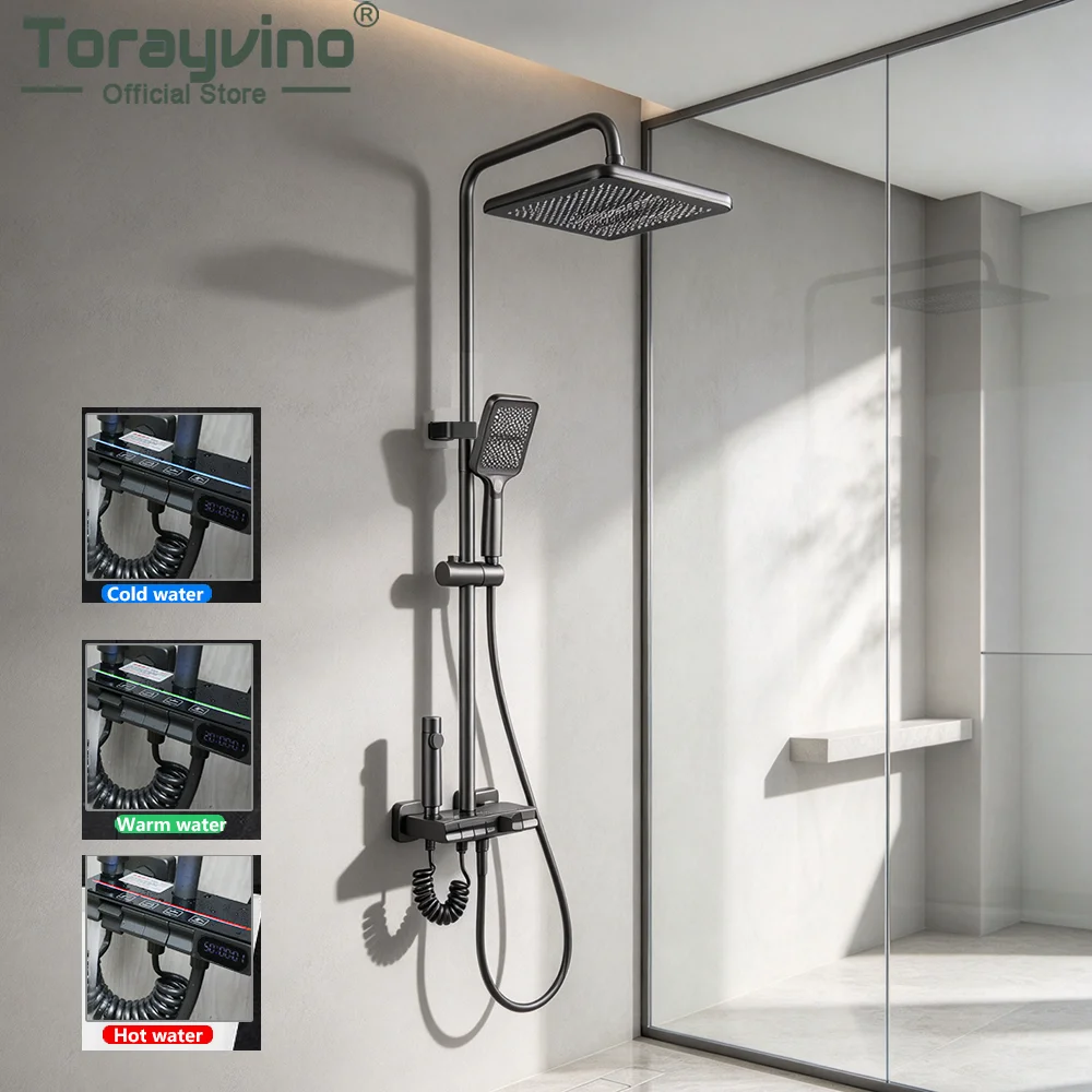 Torayvino Bathroom Digital Display Shower Set Wall Mount Pressurized 4-way Shower System Rainfall Mixer Faucet Chuveiro Banheiro