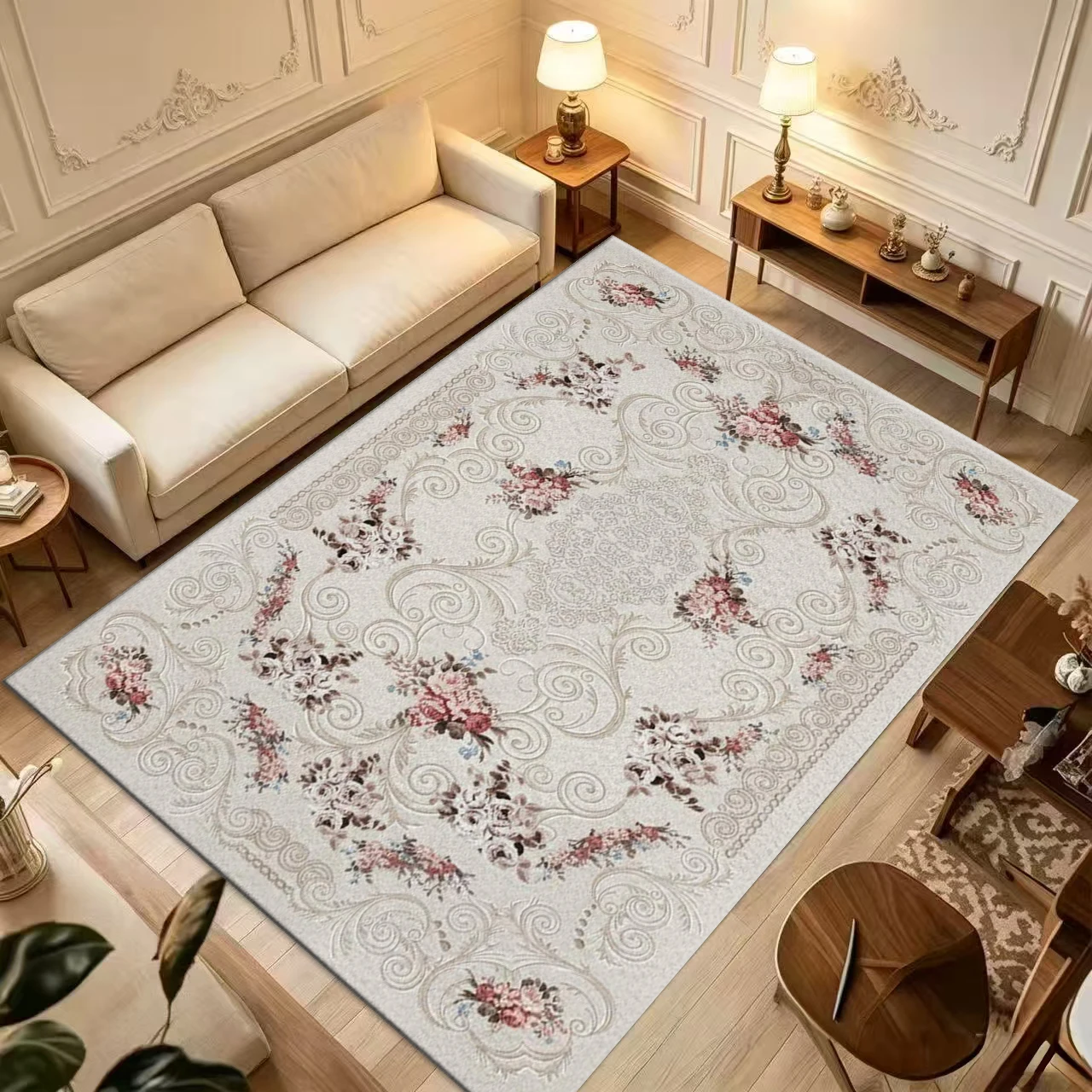 Beige French Floral Vintage Square Area Rug Non-Slip Floor Mat for Bedroom Living Room Home Ornament