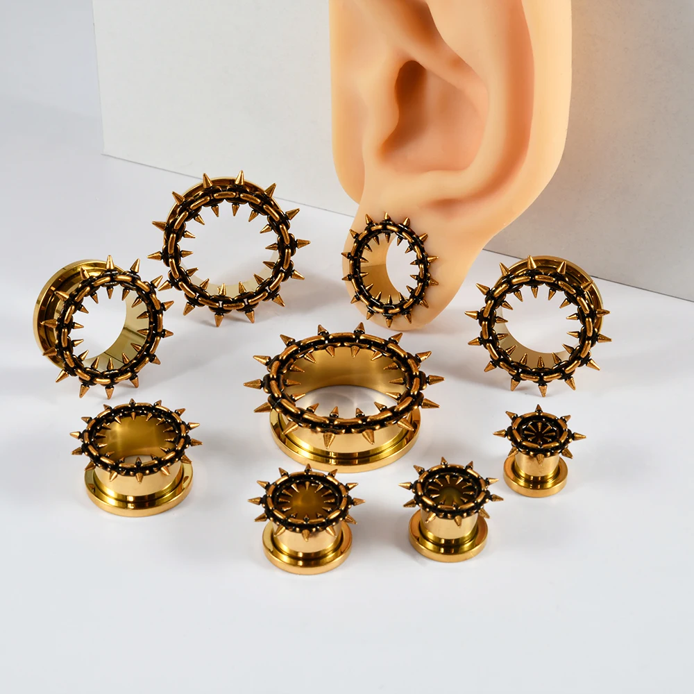 1PC Stainless Steel Screw on Tunnels with Multispike Top Ear Gauges Expander Stretchers Punk Spiky Ear Plugs Piercing Jewelry
