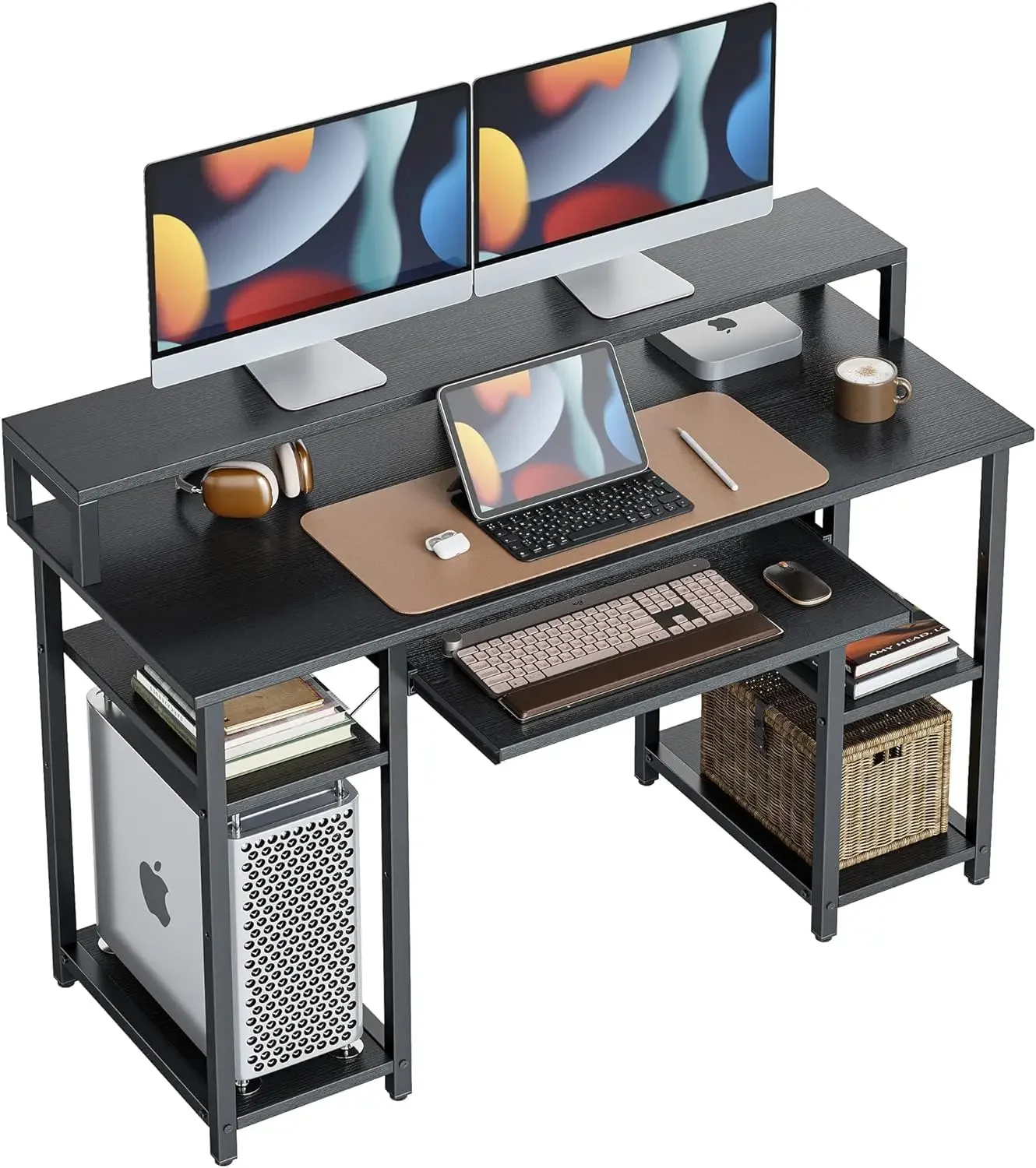 

Computer Desk with Keyboard Tray, 47 Inch Office Desk with Monitor Stand and Storage Shelves, Music Studio Desk Workstation