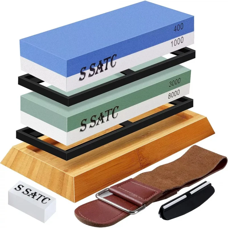 SATC Wet Stone Knife Sharpener Kit Grit 400/1000/3000/8000 Non-Slip Wood Base Angle Guide Leather Strop Whetstone Flattening