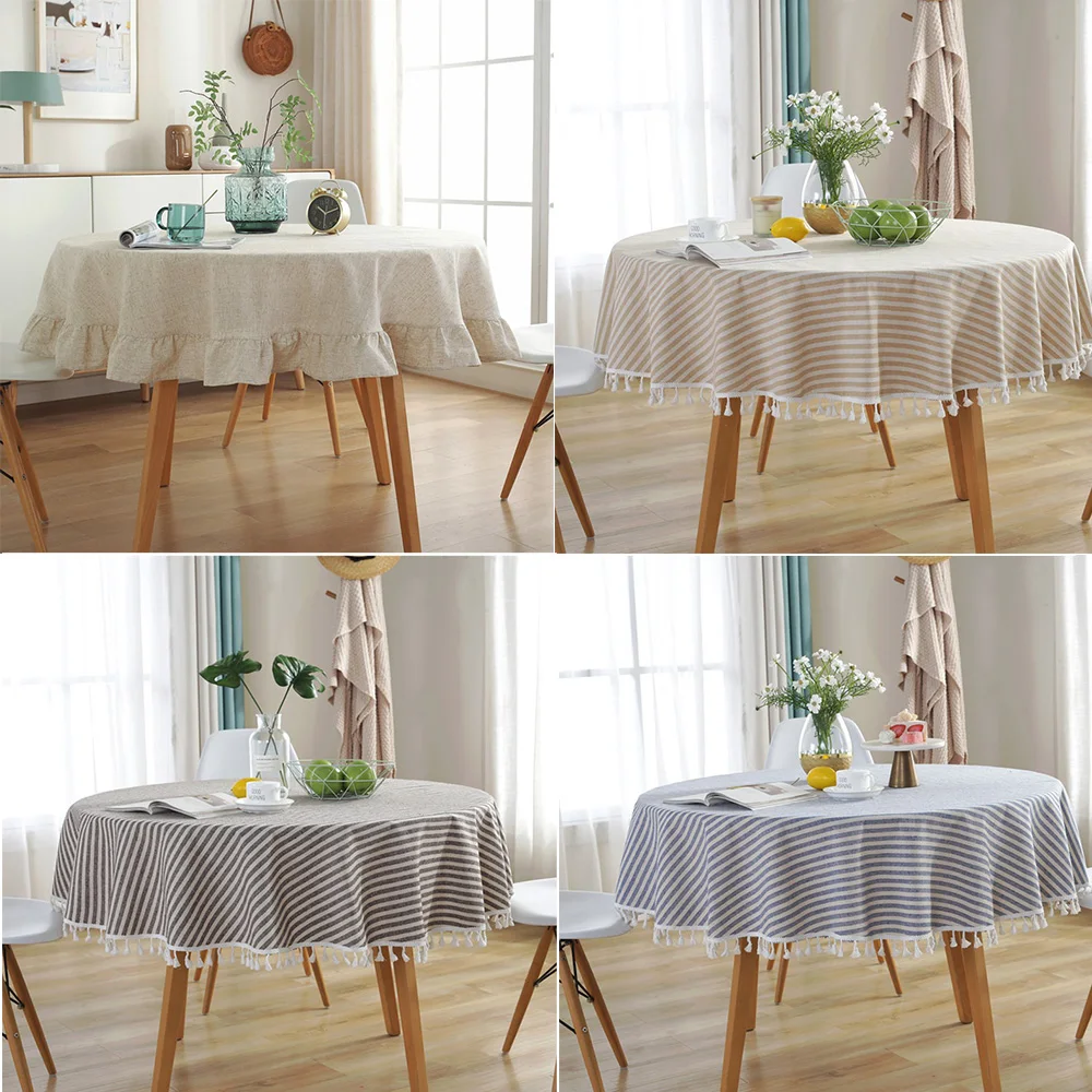 

Stripe Round Tablecloth Cotton Linen Fabric Tassel Dust-Proof Table Cover for Kitchen Dinning Farmhouse Tabletop Decoration