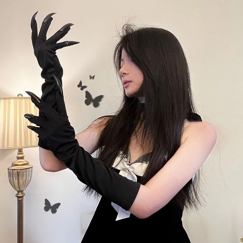 1Pair Long Nail Gloves Halloween Cosplay Ghost Claw Gloves Fashionable Personality Solid Color Mittens Stage Performance Props