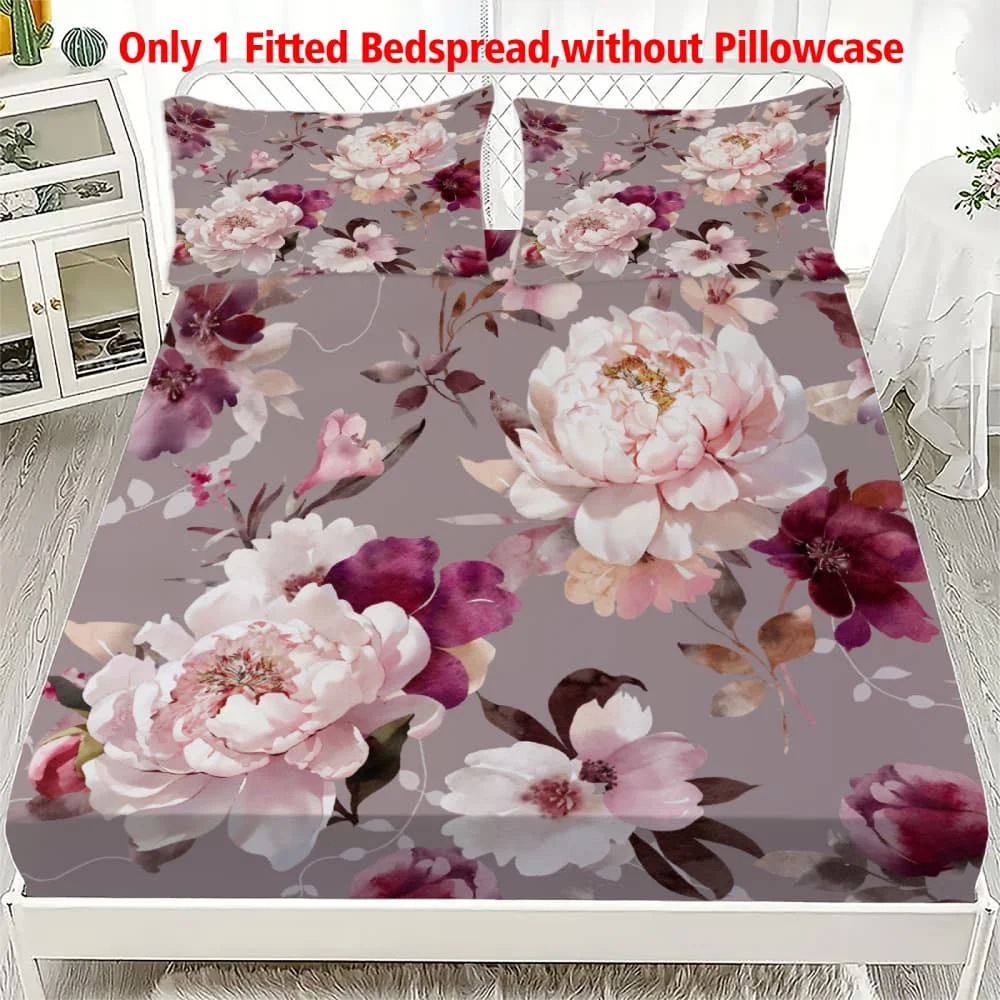 1 Stück Rosa & Pflaumenfarbenes Pfingstrosen-Blumenmuster Spannbettlaken mit Tiefen Taschen, Elastischer Matratzenbezug für Einzel-, Doppel-, Queen- und King-Betten, Schlafzimmerdekoration