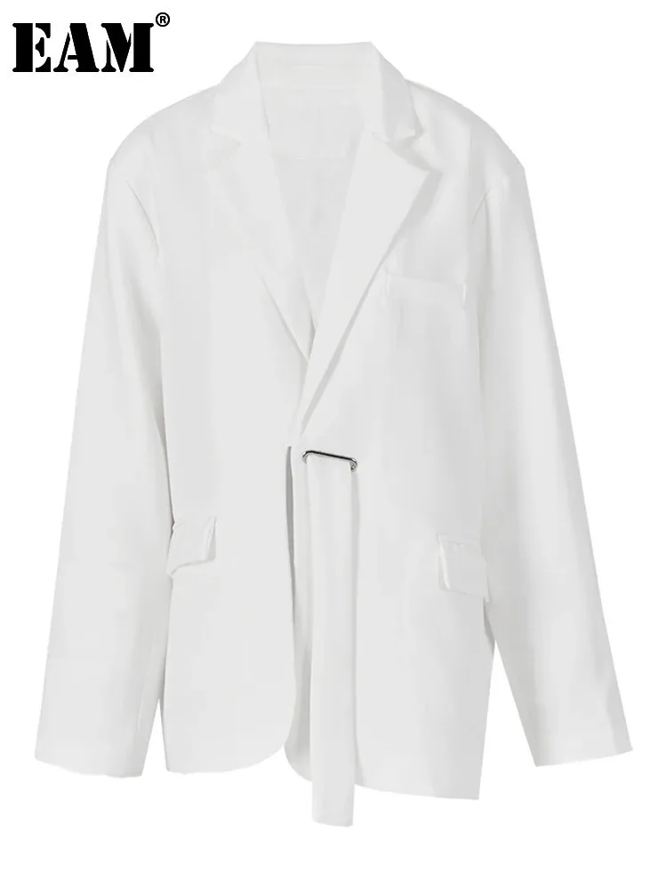 [EAM] Vrouwen Witte Onregelmatige Big Size Blazer Nieuwe Revers Lange Mouw Loose Fit Jas Mode Tij Lente Herfst 2024 1DF6427