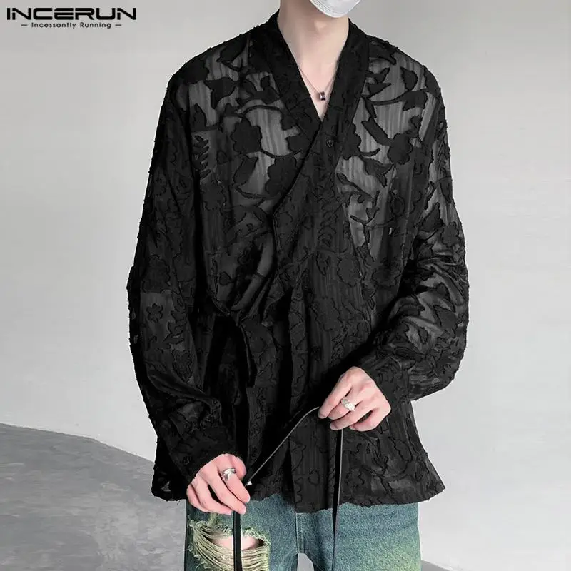 

2024 Men Shirt Transparent Jacquard V Neck Long Sleeve Men Clothing Loose Lace Up Streetwear Fashion Male Shirts S-5XL INCERUN