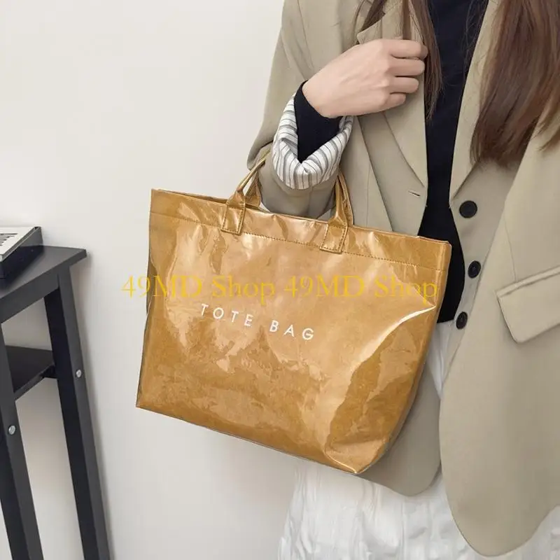 

49MD Functional PVC Top Handle Bag with Unique Kraft Paper Design Spacious Interior Commuters Handbag for Daily Essential