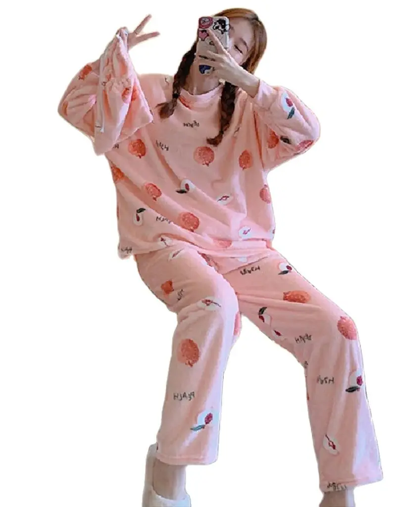 Spring Autumn Women Pajamas Suit Cartoon Chicken Peach Pineapple Pattern Print Dark Yellow Green Pink Long-sleeved Trousers