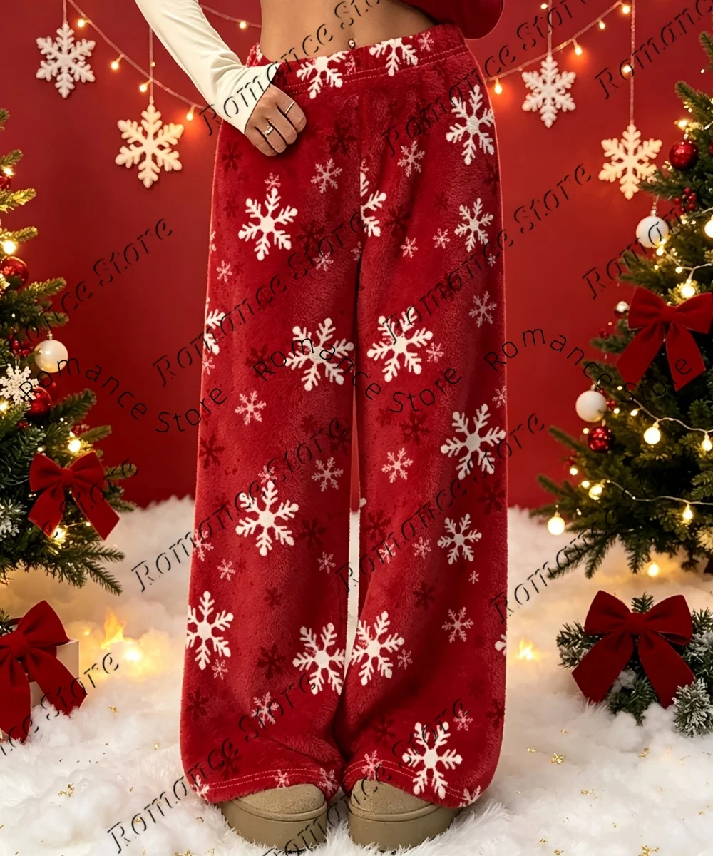 Women Soft Plush Christmas Pajama Pants Red Snowflake Print Flannel Trousers Elastic Waist Casual Loose Homewear for Fall Winter