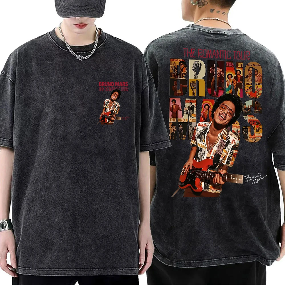 Bruno Mars The Romantic Tour 2026 Vintage Washed T-shirt Unisex Oversized Cotton Streetwear Hip Hop Graphic Print Tee Tops
