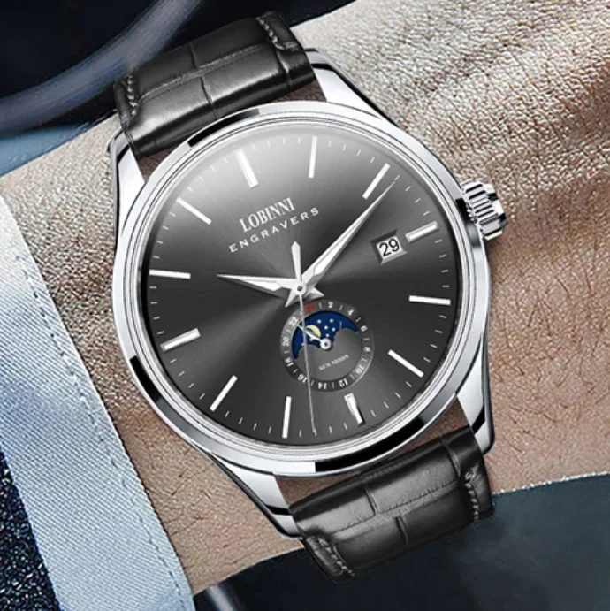 Lobinni Men Automatic Watch 40.5mm Mechanical Wristwatch Luminous 50M Waterproof Sapphire Mirror Date 24 Hours Sun-Moon