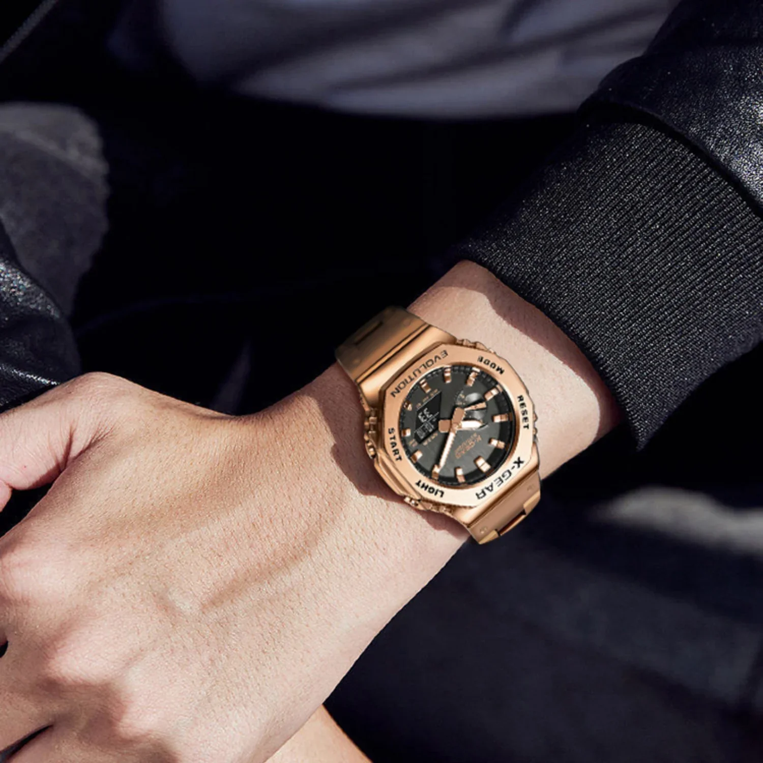 مقاومة للصدمات 2100 للجنسين ساعة رقمية حزام فولاذي قابل للطي مشبك LED عرض مزدوج السيارات اليد رفع ضوء GMB البلوط سلسلة