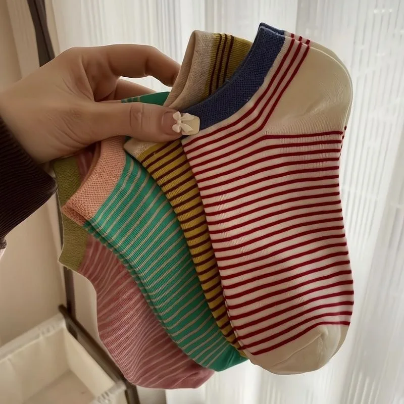 5/10 Paar gestreifte kurze Socken für Damen, Sommer, leicht, atmungsaktiv, modisch, koreanische Version, Dopamin-Stil, Freizeitsocken – Detail 3