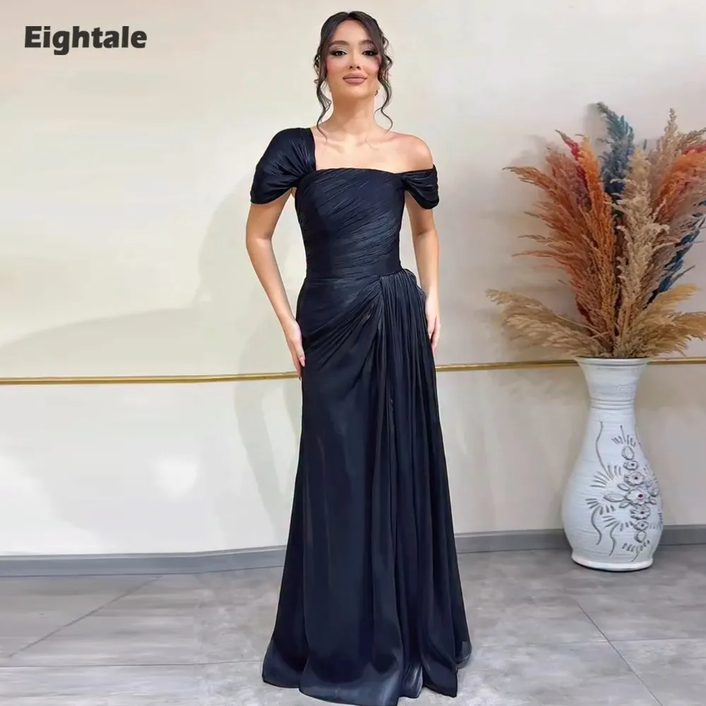 

Eightale Arabic Evening Dress Strapless Pleats Crepe Customized Floor Length Muslim Green A-Line Prom Wedding Party Gown