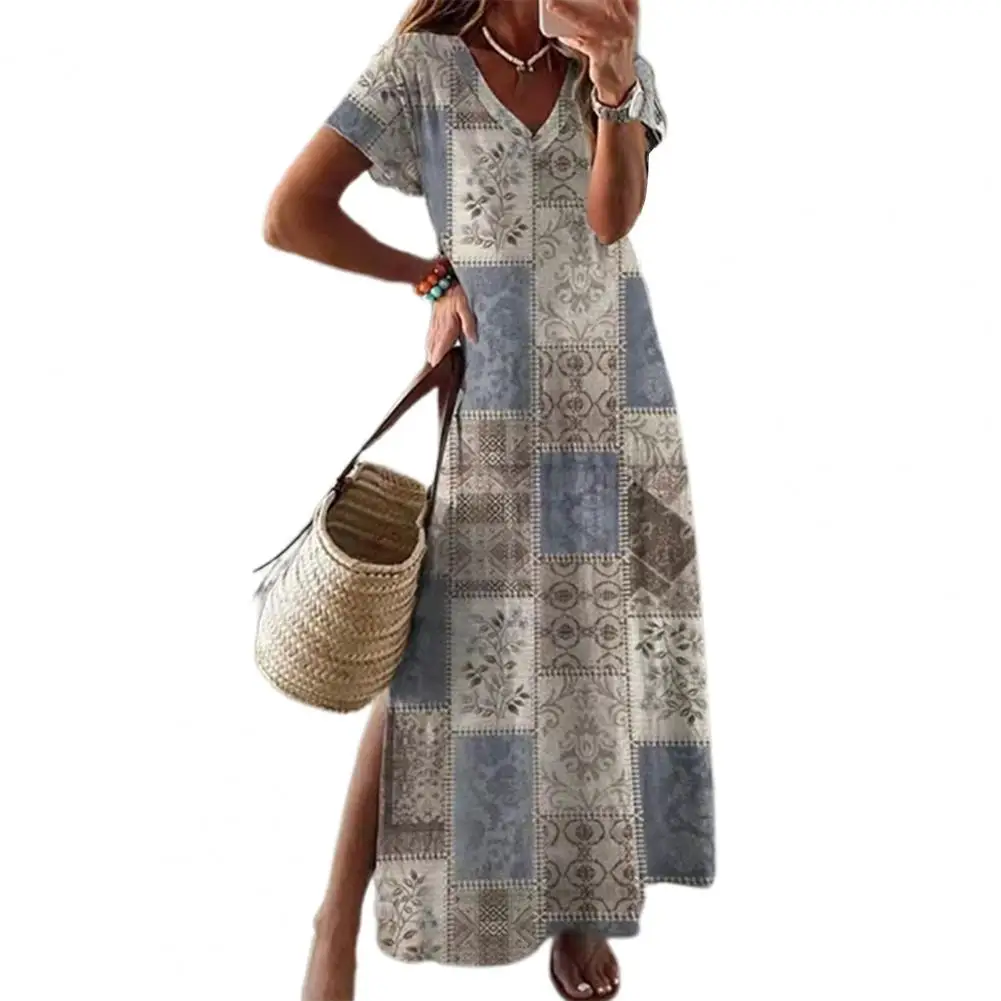 Boho Women Dress Vintage Ethnic Style Dresses Summer Short Sleeve Printed Sexy Split Long Maxi Dress