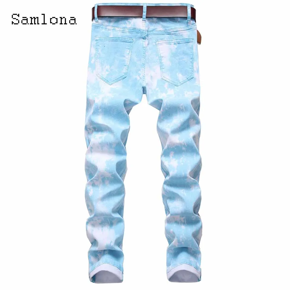 2024 Men's Stand Pocket Casual Jeans Demin Pants Blue Tie Dry Trouser Plus Size Mens Elegant Fashion Demin Pants Men Streetwear