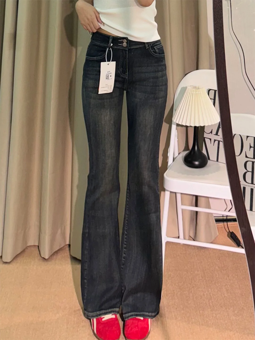 

Женские джинсы-клеш с высокой талией, сине-серые, облегающие, прямые, в ретро-стиле, для повседневной носки, лето 2026