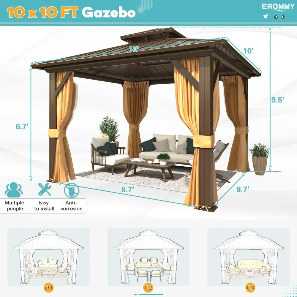 10' x 10' Hardtop Gazebo, Galvanized Steel Double Roof Gazebo with Aluminum Frame, Permanent Outdoor Metal Pavilion