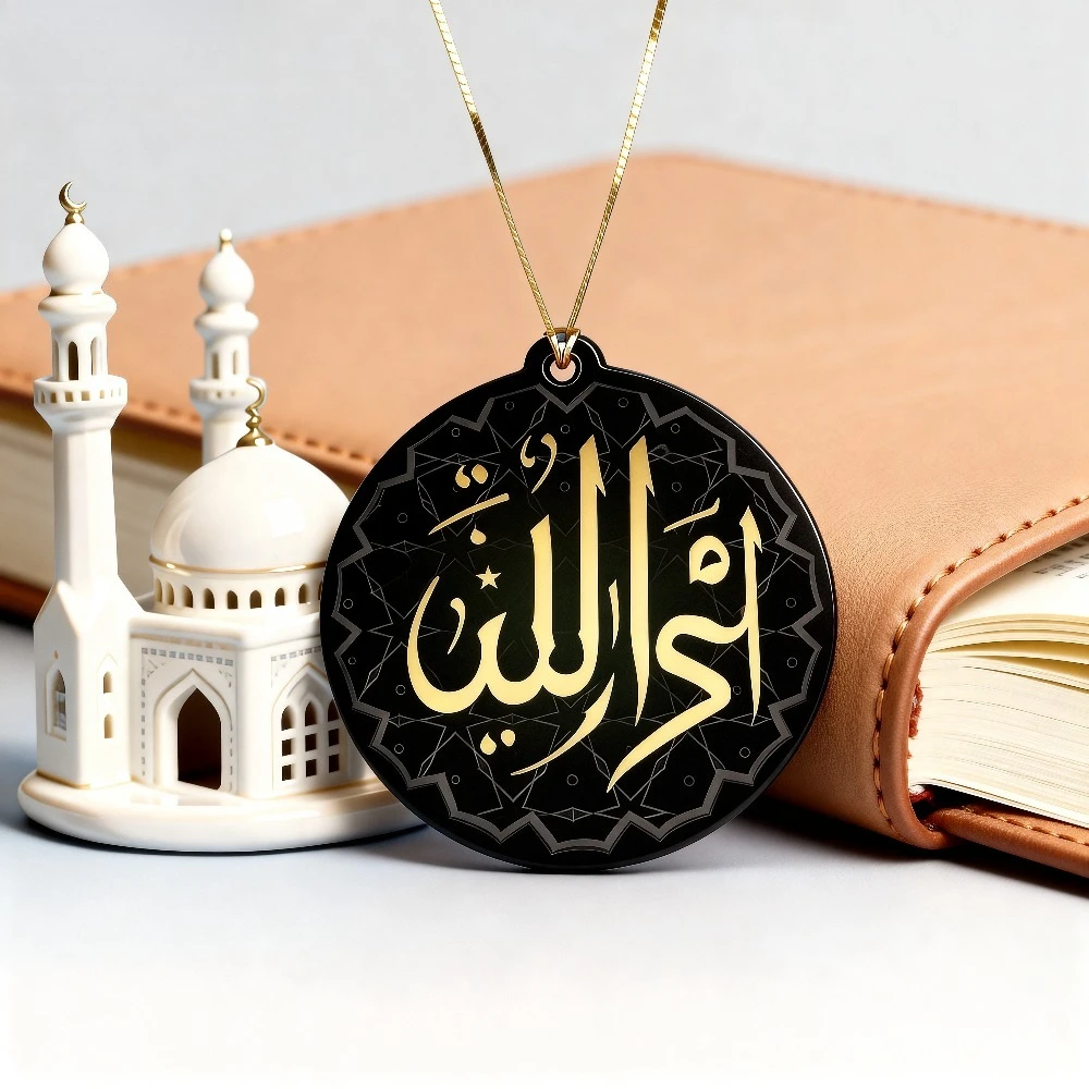 Islamic style car rearview mirror pendant, black circular acrylic pendant with gold Arabic calligraphy and patterns