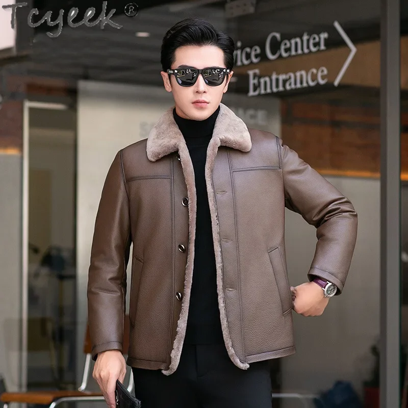 Tcyeek Genuine Leather Jacket Men Lapel Real Cowhide Coat for Man Clothing Thickened Warm Wool Jackets Winter Clothes Streetwear