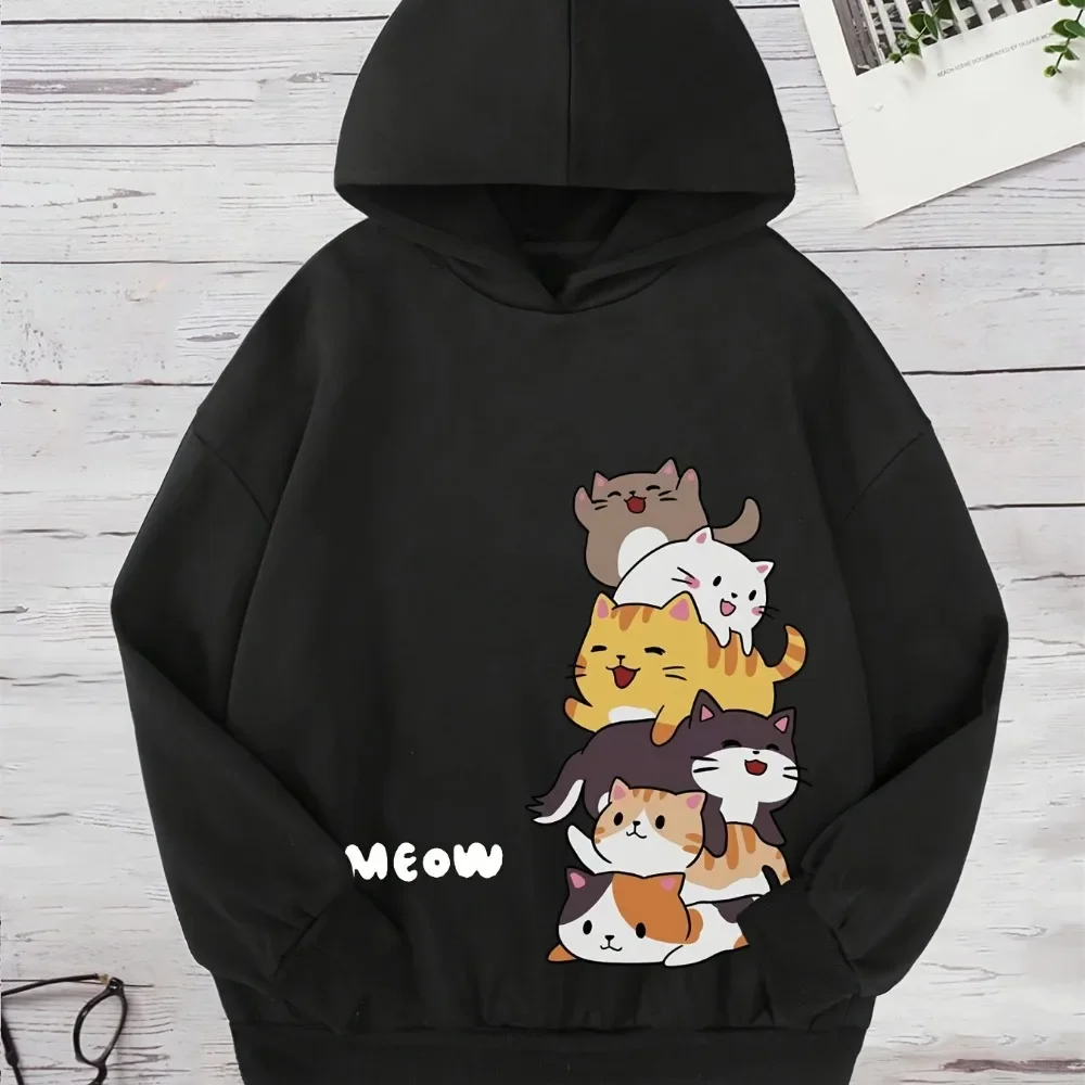 

2024 Funny Lovely Cartoon Kitty Print Hooded Sweatshirt Girls Comfy Hoodies Spring Fall Sports