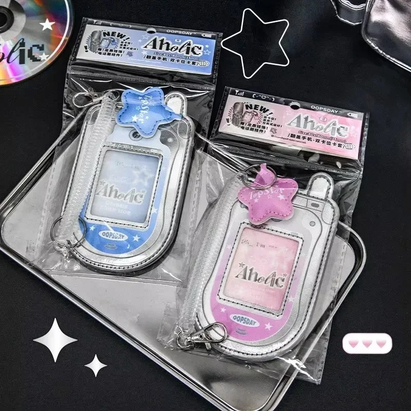 Flip Phone Pickup Case Silver Leather Transparent Window Display File Case Student Idol Protection Case Retro Style Fashionable