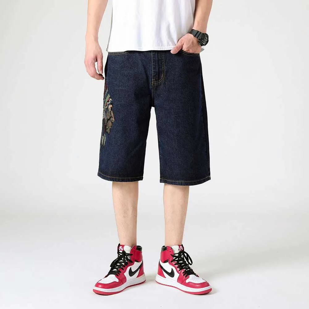 

New Fashion Embroidery Denim Boardshorts Men's Casual Shorts Jeans Straight Loose Baggy Streetwear Plus Size Clothing