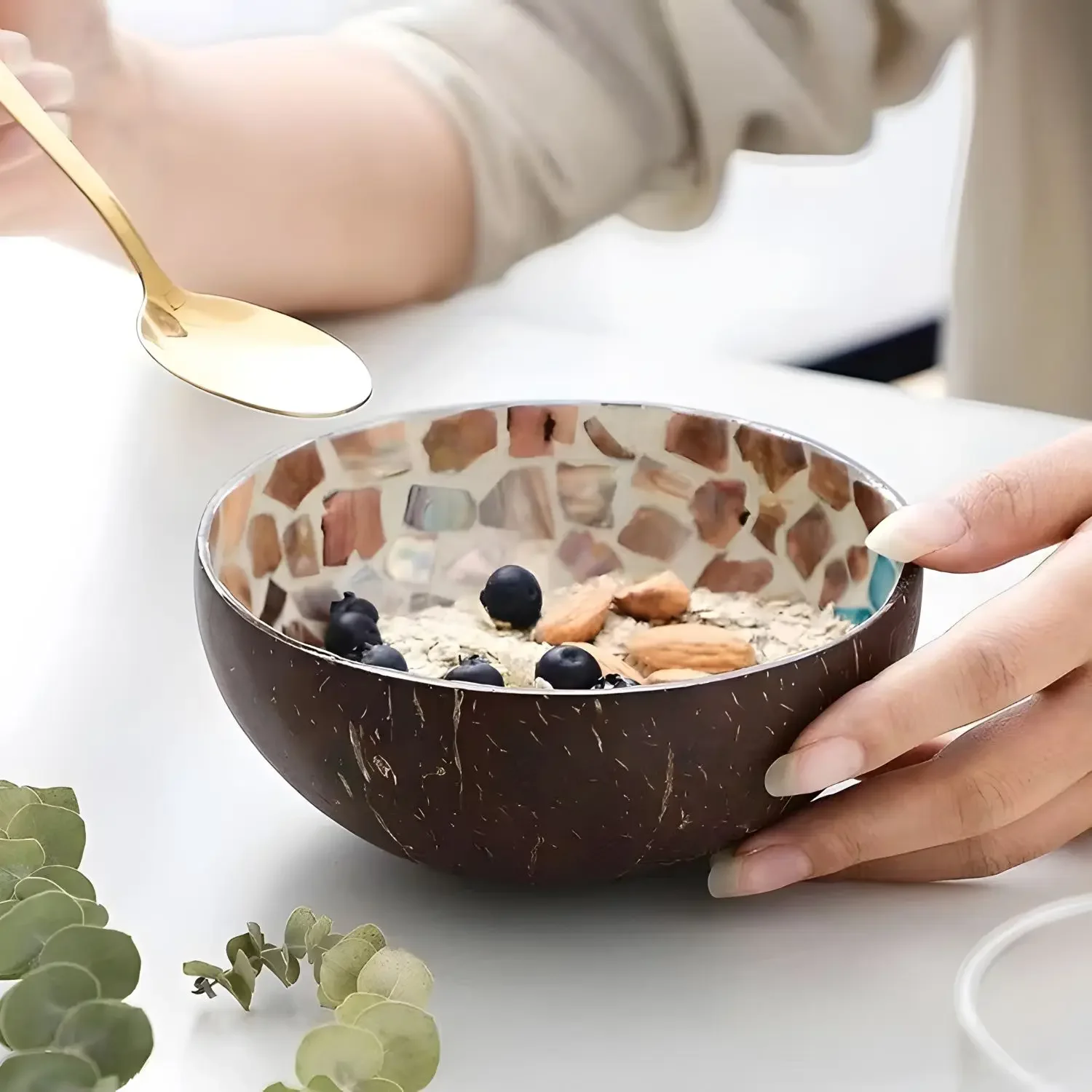 Handmade Alien Coconut Shell Bowl Inlaid Shells Wood Bowl Storage Salad Bowl Foyer Key Storage Tray Home Decoration