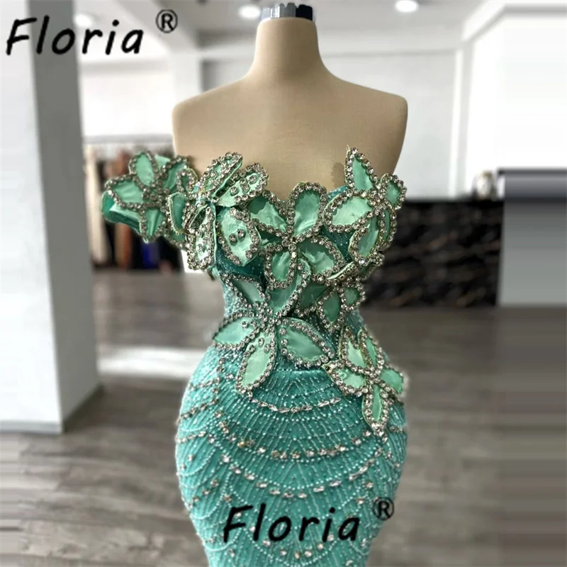 Green Flower Appliques 5D Mermaid Evening Dress Specail Occasion Prom Party Gowns Luxury Backess Silver Beaded Crystal Formales