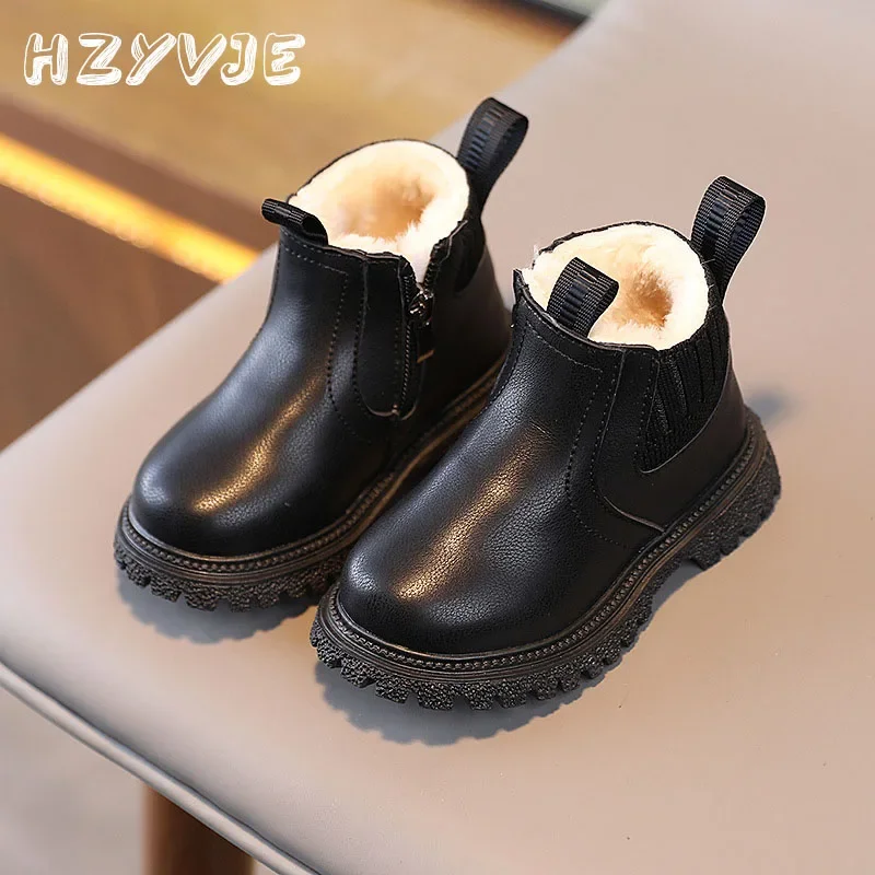 Winter New Kids Thick Plush Warm Boots Side Zipper PU Leather Waterproof Snow Boots Boys Girls Non-slip Plush Cotton Shoes