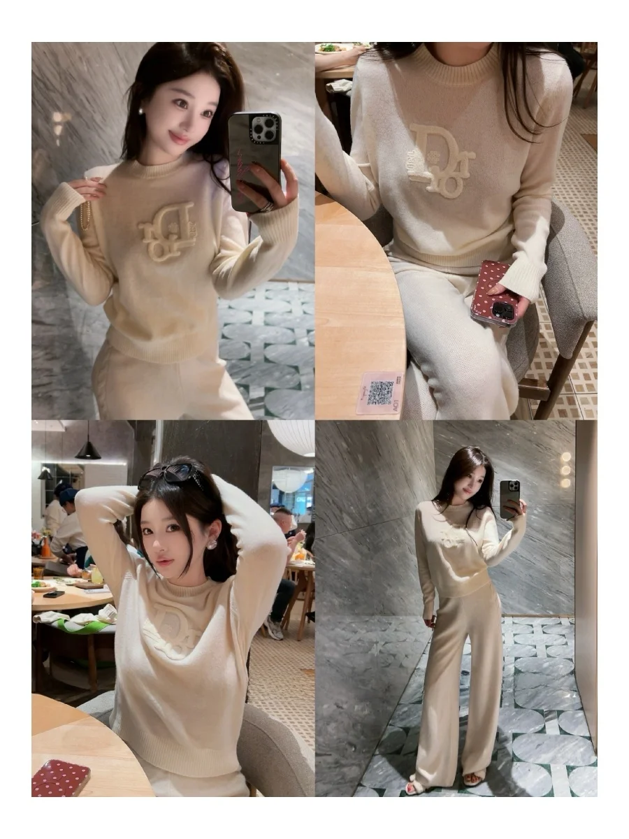 

Women's Woolen Knitted Sweater with Embroidered Letters Straight Leg Pants Two-Piece Set Long Sve round Neline Autumn Fa...